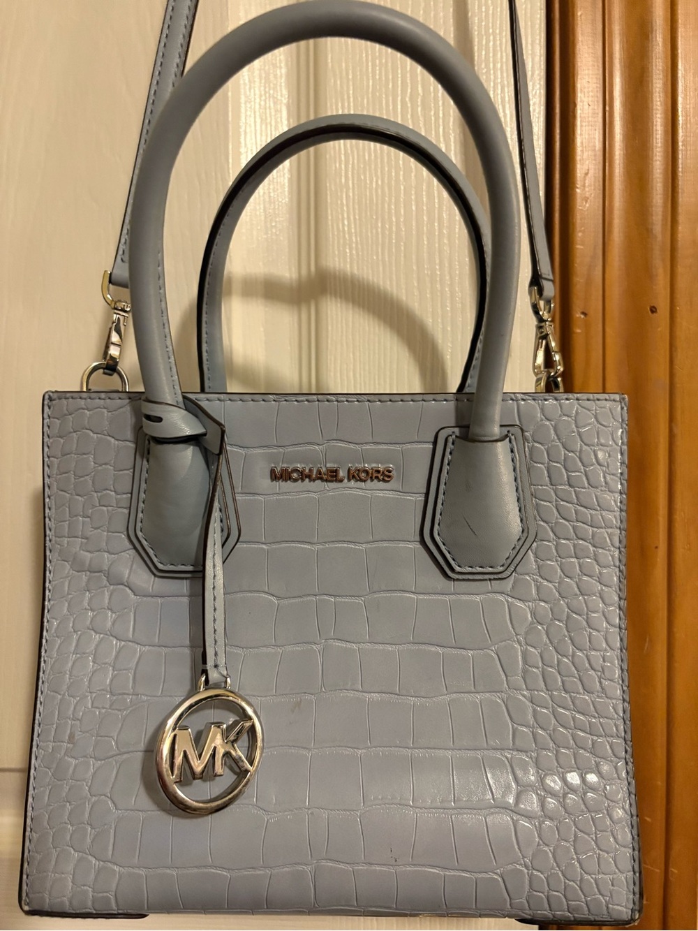 Michael Kors Light Blue/Grey Croc-Embossed Leather Satchel